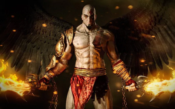 A powerful character from God Of War: Ascension stands confidently, wielding flaming weapons, with striking wings and a fierce expression, set against a dark, fiery background.