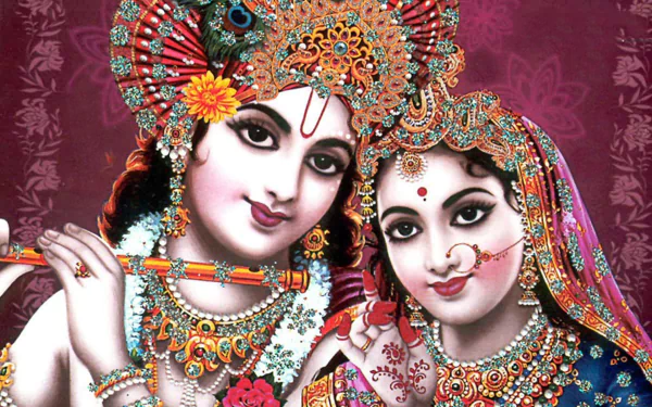 Vibrant HD wallpaper featuring Krishna and Radha, cherished figures in Hinduism, symbolizing love and devotion in a colorful, artistic portrayal.
