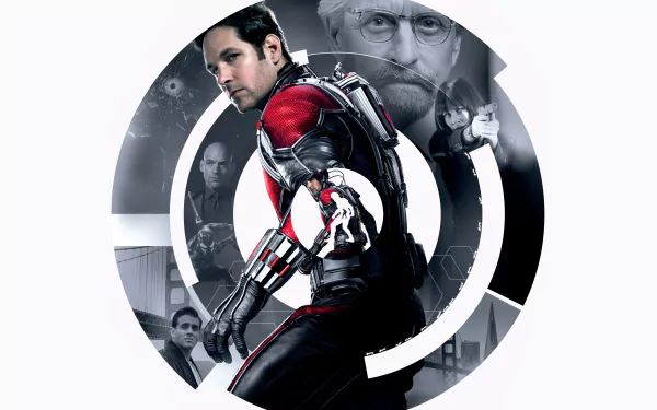 HD desktop wallpaper featuring Paul Rudd as Ant-Man, surrounded by dynamic imagery from the movie, showcasing action and iconic scenes.