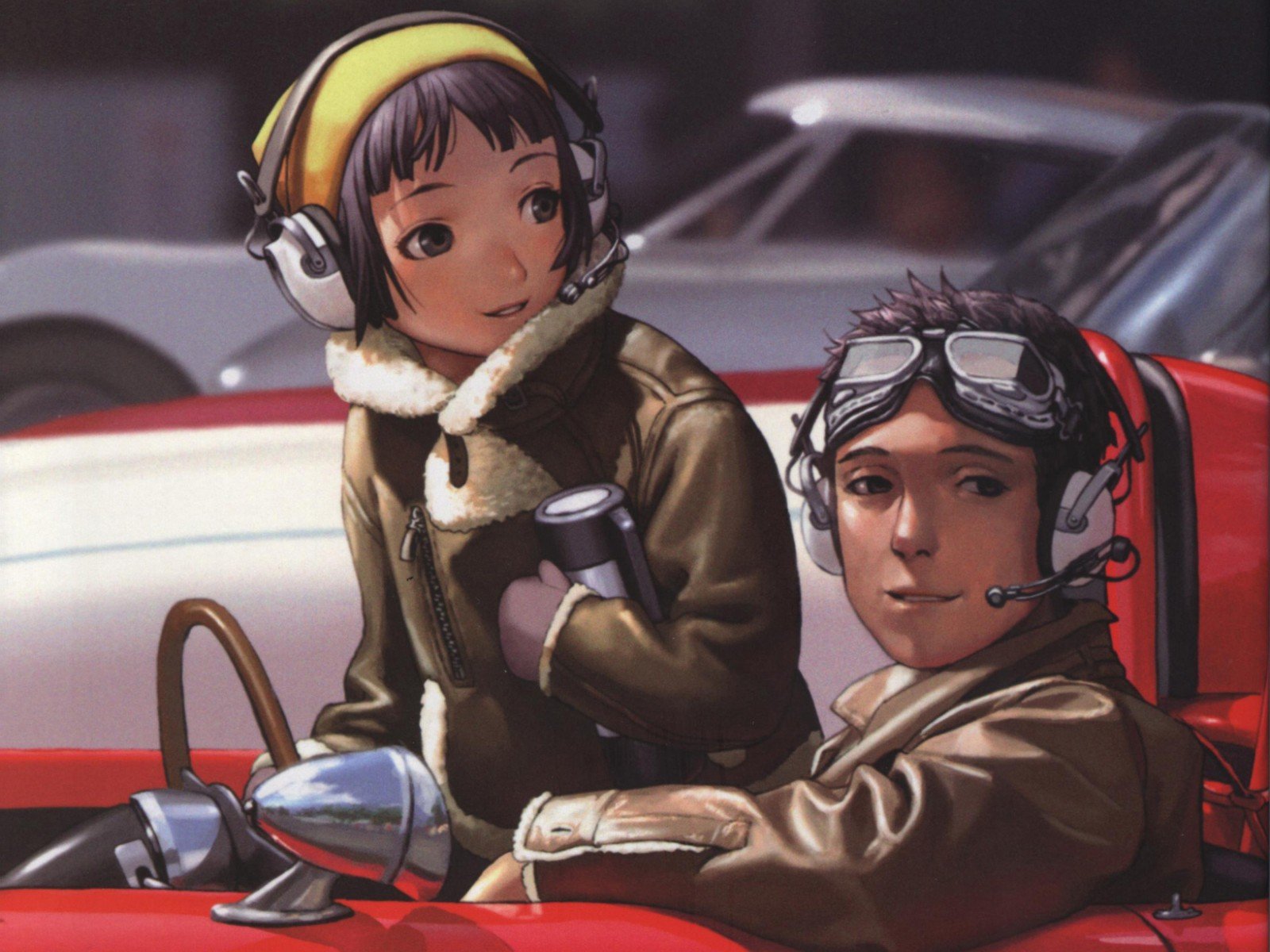 HD anime desktop wallpaper featuring two characters from Last Exile, dressed in vintage pilot gear beside a red vehicle, capturing a nostalgic, adventurous atmosphere.