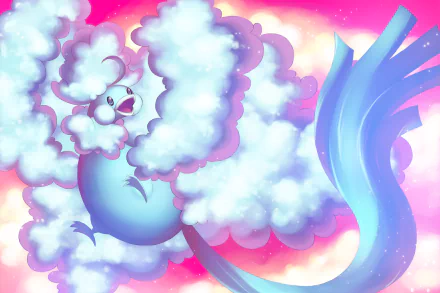 HD anime-style desktop wallpaper featuring Altaria, the cloud-like Dragon/Flying Pokémon, against a vibrant pink and blue sky background.