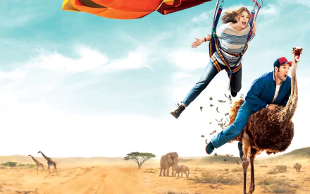 HD PC desktop wallpaper featuring Drew Barrymore and Adam Sandler from the movie Blended, showing them airborne above an African savanna with giraffes and wildlife below.