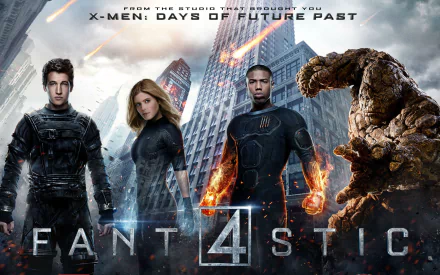HD desktop wallpaper featuring the 2015 movie Fantastic Four with the main characters in front of a cityscape.