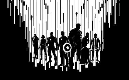 Minimalist silhouette of Avengers characters, including Hawkeye, Thor, Hulk, Captain America, Iron Man, Natasha Romanoff, and Nick Fury, against a striking black and white background.