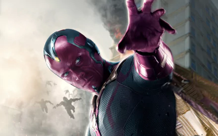 A high-definition wallpaper featuring Vision from Marvel Comics, showcasing a dynamic pose from the movie Avengers: Age of Ultron amidst a dramatic backdrop.