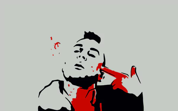 A bold HD desktop wallpaper inspired by the movie Taxi Driver, featuring a stylized image of a character striking a dramatic pose, with striking red accents.