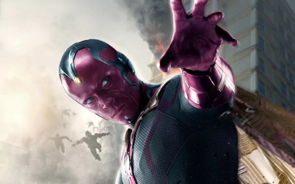 A high-definition wallpaper featuring Vision from Marvel Comics, showcasing a dynamic pose from the movie Avengers: Age of Ultron amidst a dramatic backdrop.