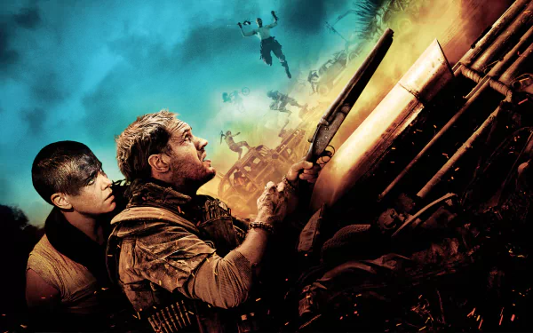 A dynamic HD wallpaper featuring Imperator Furiosa and Max Rockatansky, played by Charlize Theron and Tom Hardy, amid the chaos of Mad Max: Fury Road.