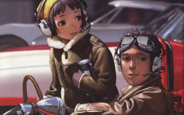 HD anime desktop wallpaper featuring two characters from Last Exile, dressed in vintage pilot gear beside a red vehicle, capturing a nostalgic, adventurous atmosphere.