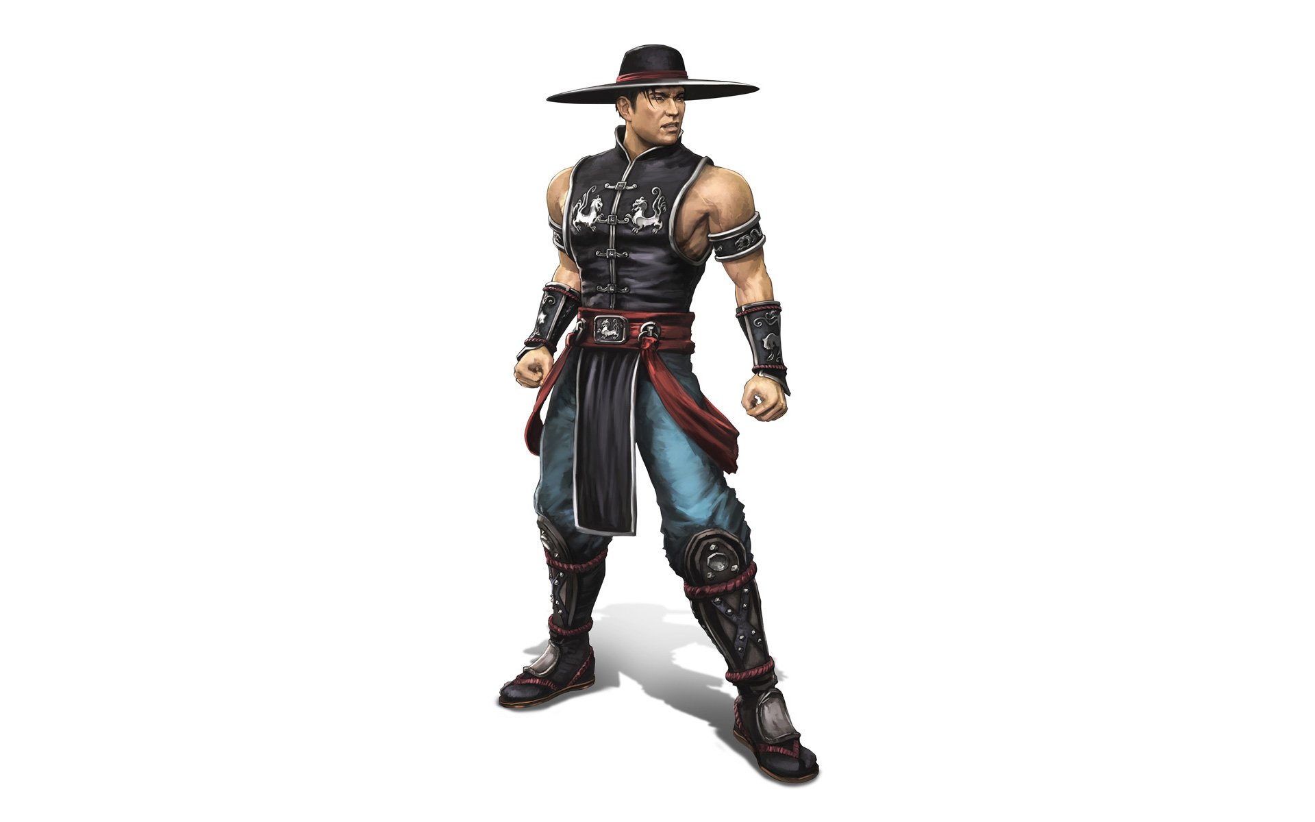 Kung Lao, video game character from Mortal Kombat 9 — HD PC desktop wallpaper showing his full-body pose with iconic hat and martial-arts outfit on a white background.