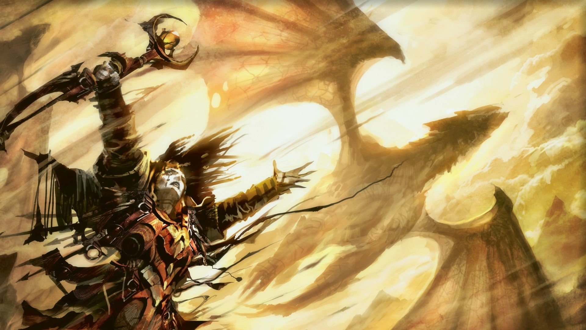 HD Magic: The Gathering wallpaper featuring a fierce armored warrior wielding a weapon, set against a dramatic, fiery sky with dragon-like shapes in the background.