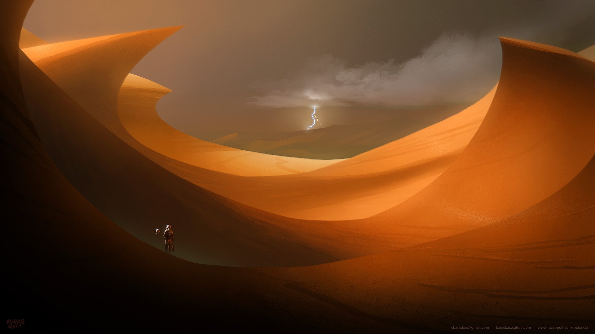 Sci-fi HD PC desktop wallpaper featuring a vast, surreal desert landscape with towering sand dunes under a stormy sky with lightning.