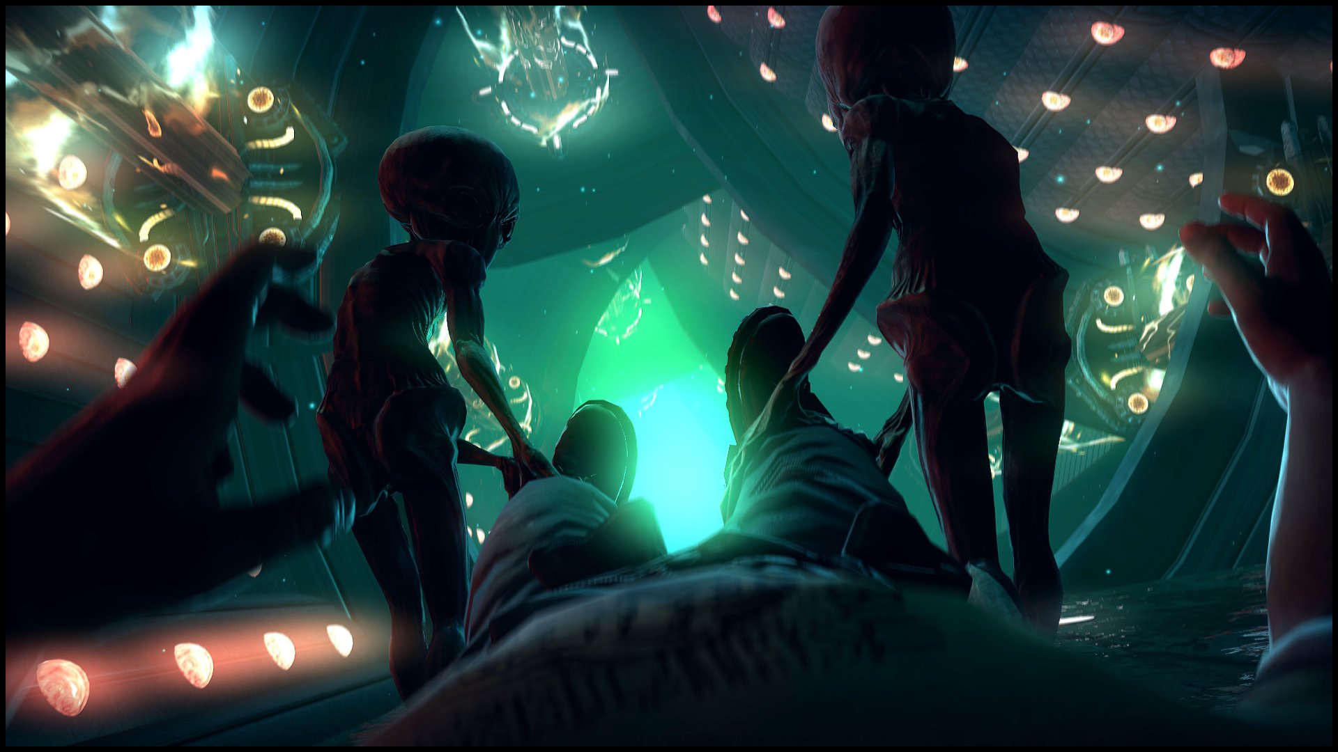 HD sci-fi desktop wallpaper depicting mysterious aliens surrounding a person in a glowing, futuristic environment.