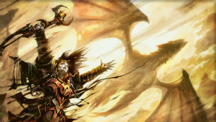 HD Magic: The Gathering wallpaper featuring a fierce armored warrior wielding a weapon, set against a dramatic, fiery sky with dragon-like shapes in the background.
