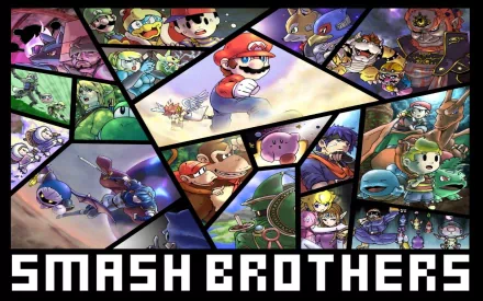 HD desktop wallpaper featuring characters from Super Smash Bros. Brawl, including Mario and others, showcasing vibrant scenes from this iconic Nintendo video game series.