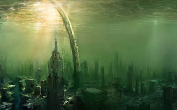 A breathtaking post-apocalyptic scene featuring submerged skyscrapers bathed in eerie green light, with a colossal arch dominating the skyline. A stunning 4K Ultra HD sci-fi desktop wallpaper.