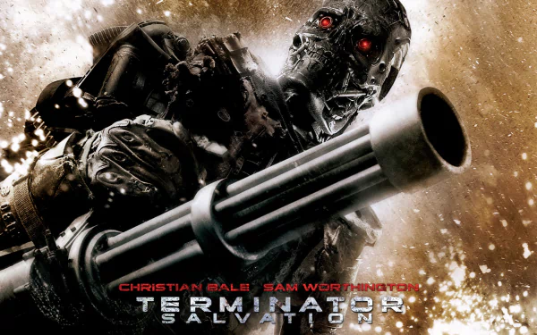 A powerful depiction from Terminator Salvation, featuring a menacing cyborg aiming a weapon, set against a dramatic background, suitable as an HD PC desktop wallpaper.