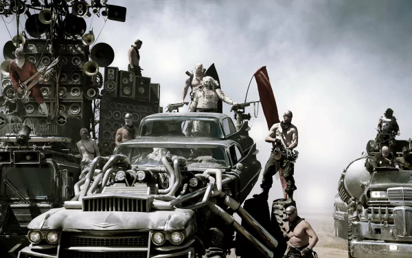 HD desktop wallpaper featuring Rictus Erectus (Nathan Jones) and Immortan Joe (Hugh Keays-Byrne) from the movie Mad Max: Fury Road in a dramatic desert convoy scene.