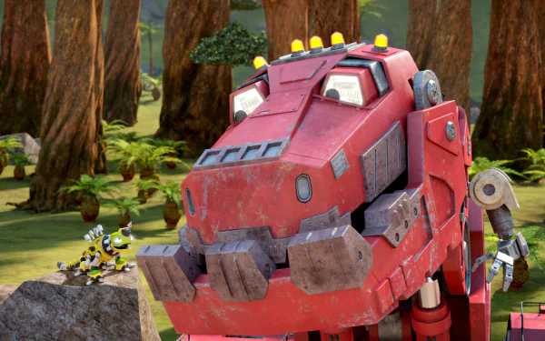 A vibrant HD wallpaper featuring Dinotrux characters in a lush forest setting, showcasing a large red robotic dinosaur with smaller machines nearby.