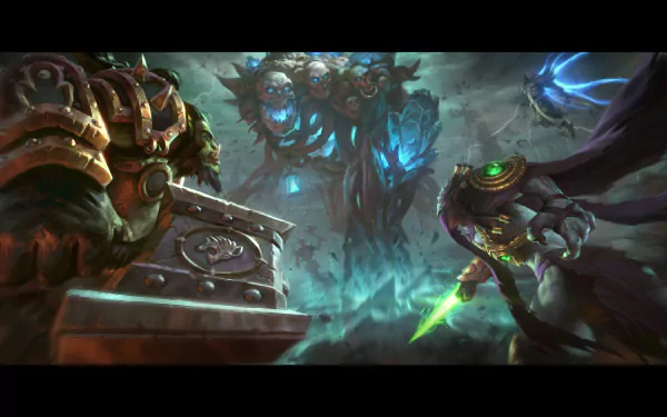 4K Ultra HD Heroes of the Storm wallpaper depicting an intense battle scene between armored and shadowy characters in a dark, mystical environment.