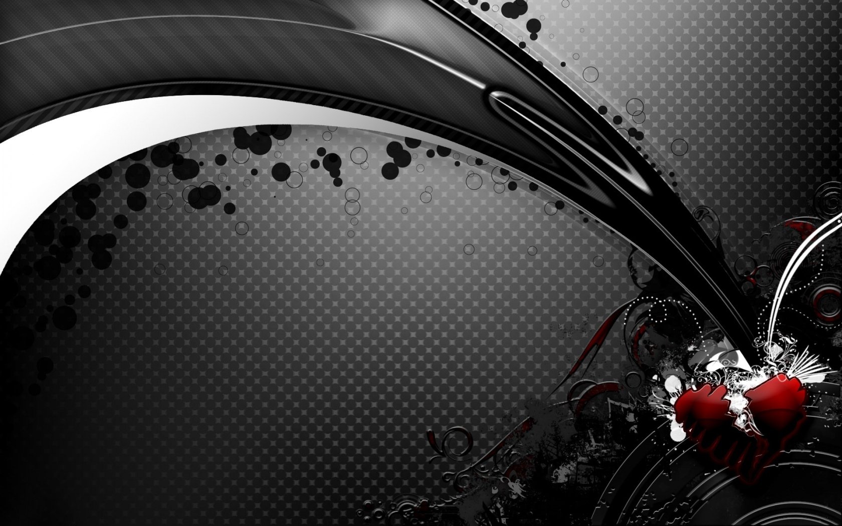 An artistic HD desktop wallpaper featuring a dynamic black-and-white design with red hearts, capturing the essence of love through intricate patterns and textures.
