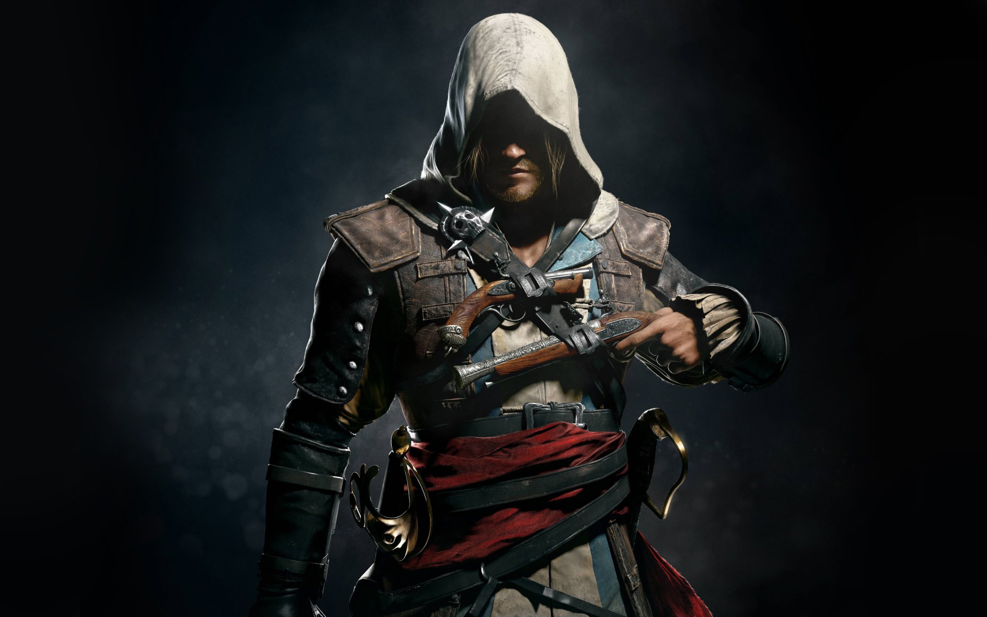 A dramatic HD wallpaper featuring the main character from Assassin's Creed IV: Black Flag, shrouded in shadows with a hooded cloak and armed stance, evoking a sense of adventure.