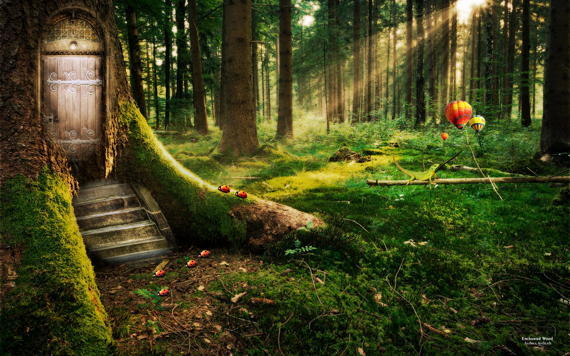 HD PC desktop wallpaper/background — photography + manipulation: sunlit mossy forest clearing with a wooden door set in a tree trunk, stone steps, scattered apples and a whimsical floating flower balloon