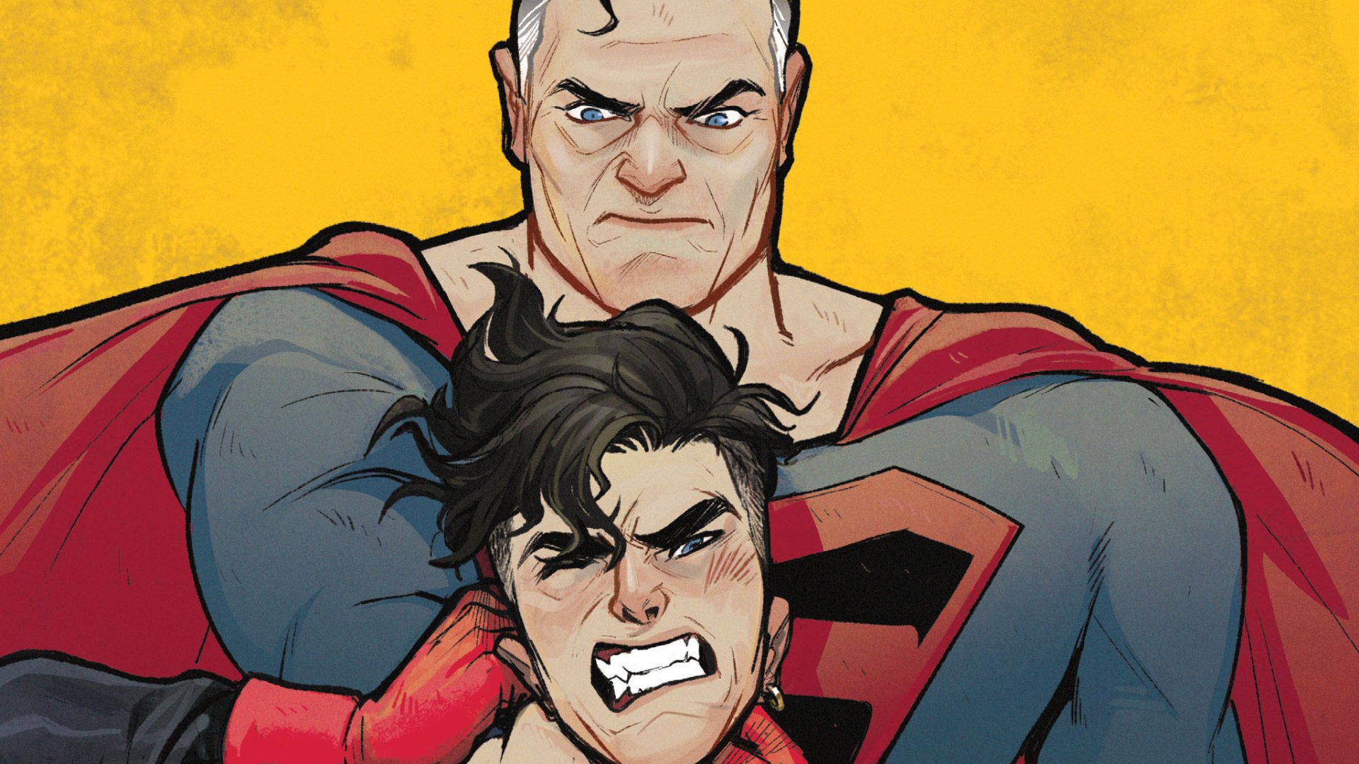 Comic Convergence HD PC desktop wallpaper/background: Superman grips a bruised, snarling Superboy by the collar against a bold yellow backdrop.