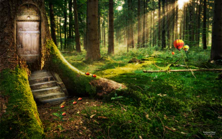 HD PC desktop wallpaper/background — photography + manipulation: sunlit mossy forest clearing with a wooden door set in a tree trunk, stone steps, scattered apples and a whimsical floating flower balloon