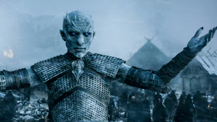 HD wallpaper featuring Richard Brake as the Night King from the TV show Game of Thrones, showcasing a chilling winter scene with an imposing, icy presence.