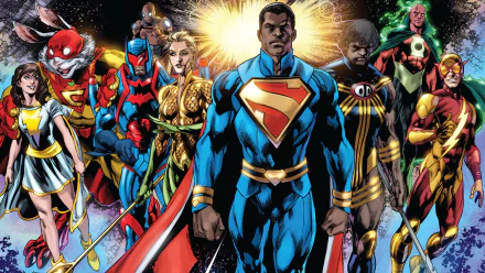Comic, The Multiversity — HD PC desktop wallpaper of a multiversal superhero team led by a central Superman variant in blue with a red S, vivid cosmic backdrop and diverse heroes.