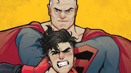 Comic Convergence HD PC desktop wallpaper/background: Superman grips a bruised, snarling Superboy by the collar against a bold yellow backdrop.