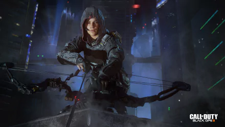 A high-definition desktop wallpaper featuring a character from Call of Duty: Black Ops III, wielding a bow in a futuristic, neon-lit setting.