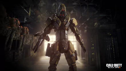 HD desktop wallpaper and background featuring a heavily armored soldier from the video game, Call Of Duty: Black Ops III, standing in a dimly-lit industrial setting with a futuristic atmosphere.
