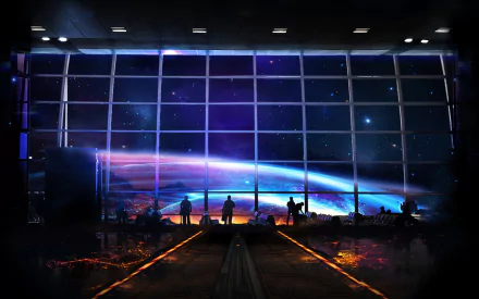 HD Sci-Fi desktop wallpaper depicting a futuristic space station interior with silhouetted figures overlooking a vibrant spaceship and glowing planet outside.