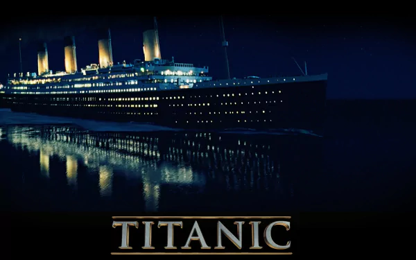 HD desktop wallpaper of the Titanic movie, featuring the illuminated ship sailing at night with its reflection on the water. The word Titanic is prominently displayed at the bottom.