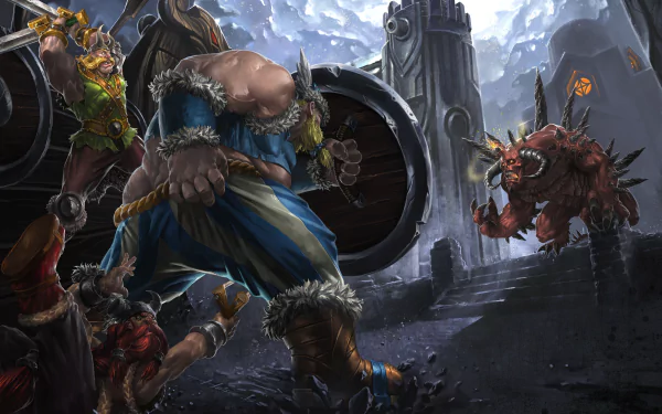 4K Ultra HD Heroes of the Storm PC desktop wallpaper featuring detailed fantasy warriors and monstrous creatures in a dramatic, stormy battlefield setting.