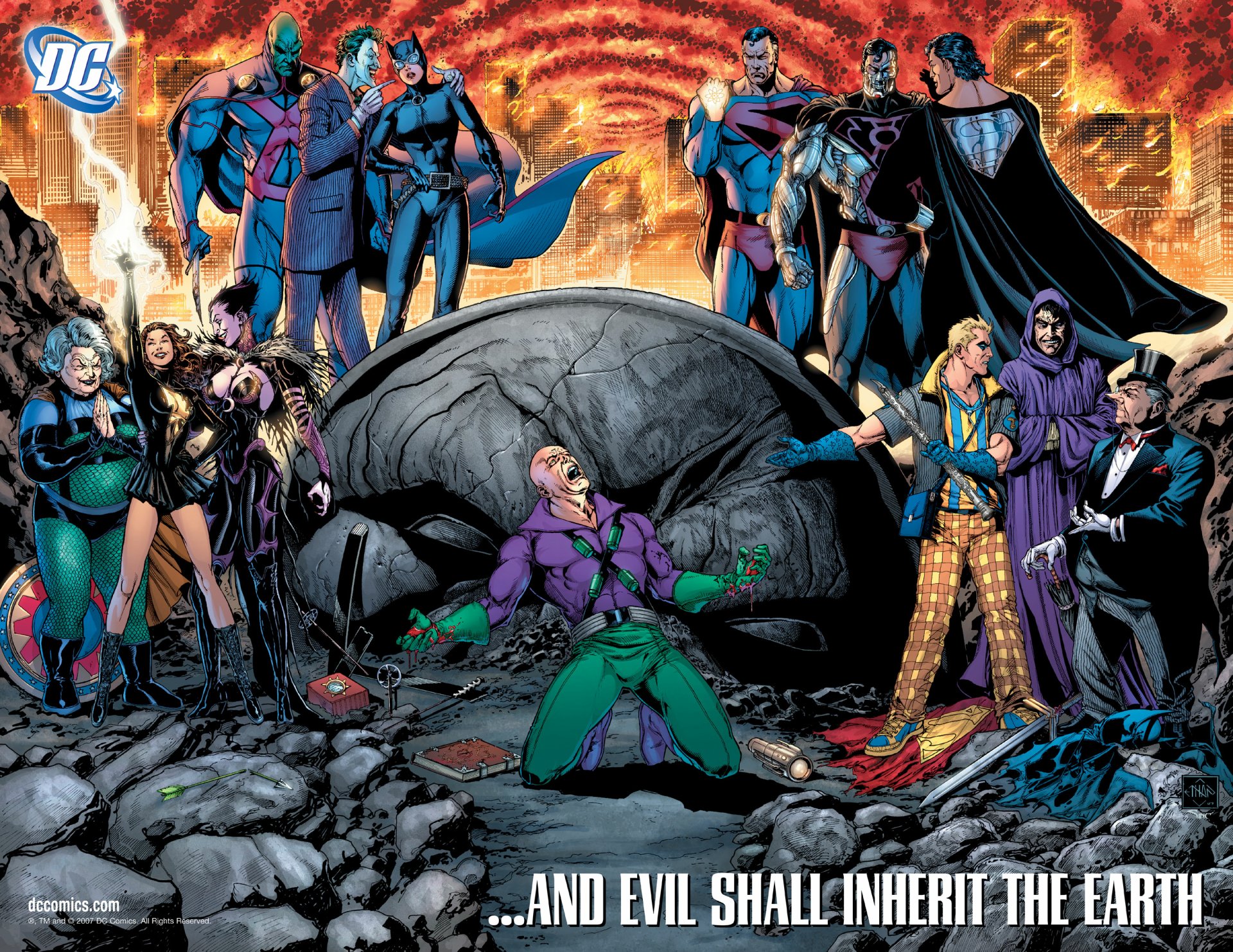 HD PC desktop wallpaper featuring DC Comics characters including Granny Goodness, Lex Luthor, Catwoman, Joker, and Martian Manhunter in a dynamic comic scene.