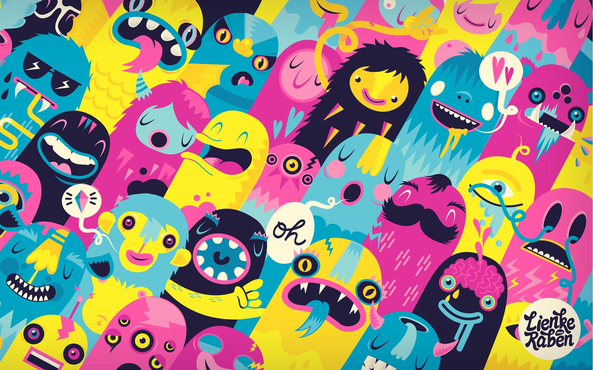 A vibrant HD fantasy creature desktop wallpaper featuring a colorful, playful crowd of whimsical, cartoon-style monsters with expressive faces and varied shapes.