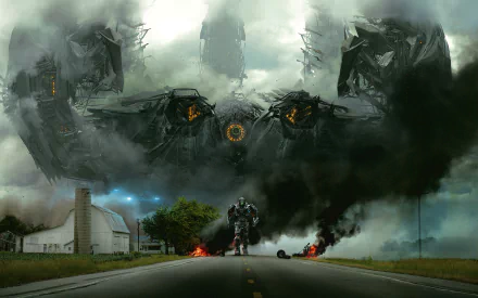 A dramatic HD desktop wallpaper featuring a scene from Transformers: Age of Extinction, showcasing a large transformer amidst smoke and destruction on a desolate road.