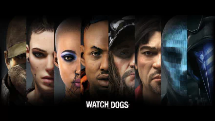 HD wallpaper featuring characters from the video game Watch Dogs, showcasing Aiden Pearce and others, set against a sleek, dark background with the game title prominently displayed.