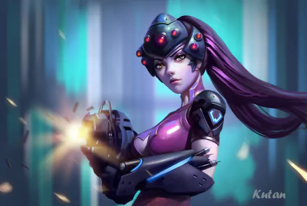 High-definition wallpaper featuring Widowmaker from Overwatch, showcasing her iconic look and poised stance with a weapon, set against a stylized background.