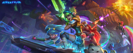 A vibrant HD desktop wallpaper featuring League of Legends champions Hecarim, Riven, Sona, and Miss Fortune in an intense, colorful scene against a dynamic, pixelated background.