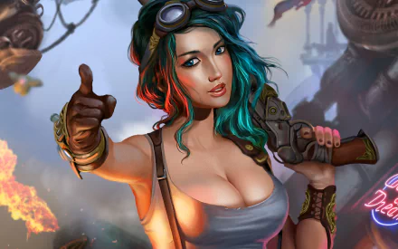 A vibrant steampunk-inspired sci-fi wallpaper featuring a confident woman with colorful hair, wearing goggles and holding a revolver against a dynamic backdrop.