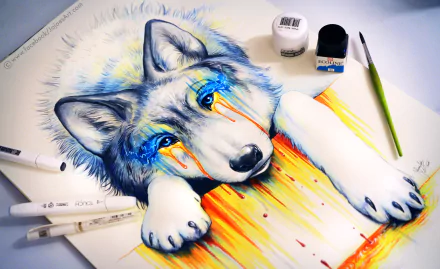 HD desktop wallpaper featuring a colorful, artistic portrayal of a wolf with vibrant blue and orange hues. The wolf appears to be painted with art supplies scattered around.