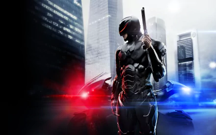 RoboCop (2014) stands poised against a futuristic city backdrop, showcasing his sleek armor and weapon, enhanced by striking red and blue light effects. An impressive HD wallpaper.