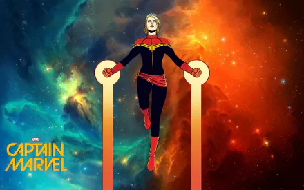 A vibrant HD wallpaper featuring Carol Danvers as Captain Marvel, poised dramatically against a cosmic background, showcasing her iconic outfit and character design.