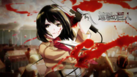 HD PC wallpaper featuring Mikasa Ackerman from Attack on Titan in dynamic anime style, wielding blades amidst a chaotic battlefield backdrop.