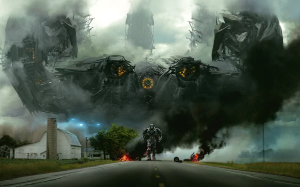 A dramatic HD desktop wallpaper featuring a scene from Transformers: Age of Extinction, showcasing a large transformer amidst smoke and destruction on a desolate road.