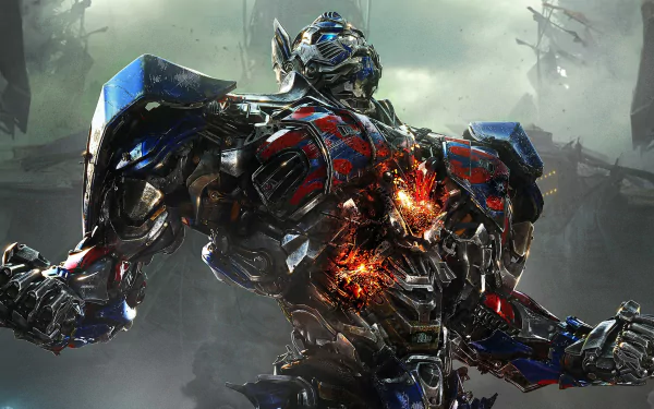 HD wallpaper featuring Optimus Prime from Transformers: Age of Extinction, displaying his powerful stance amid a stormy background.